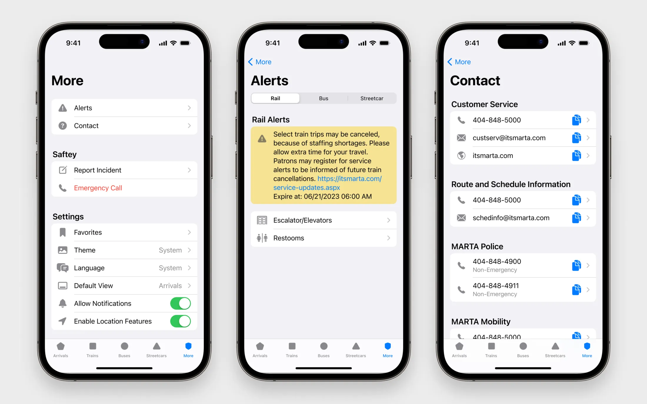 MARTA concept iOS app showing settings, alerts and contact views.