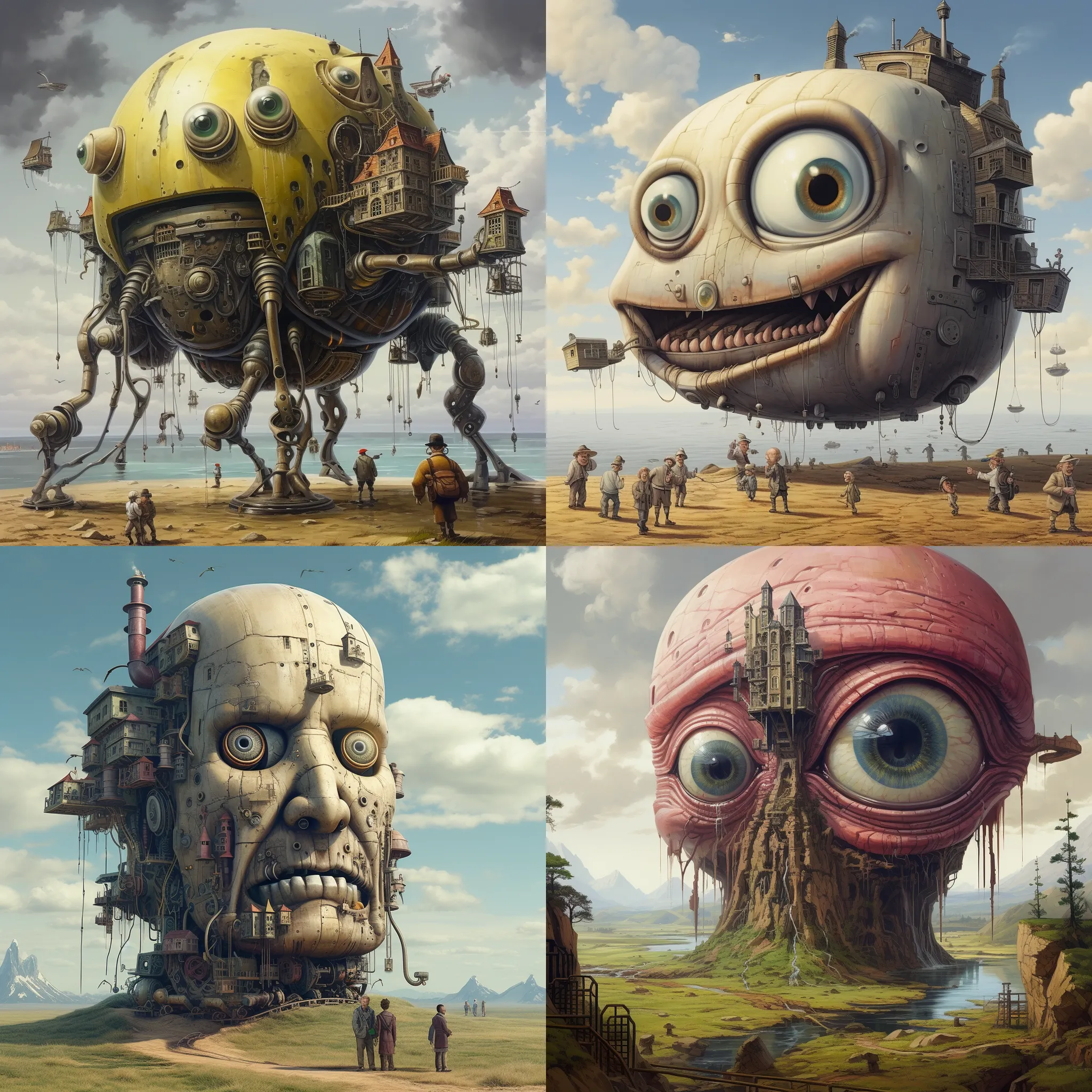 A collection of giant face houses generated in midjourney.