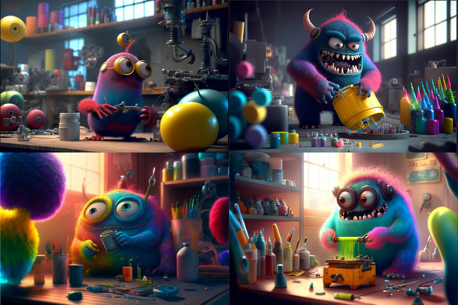 Monsters working in a rainbow factory.