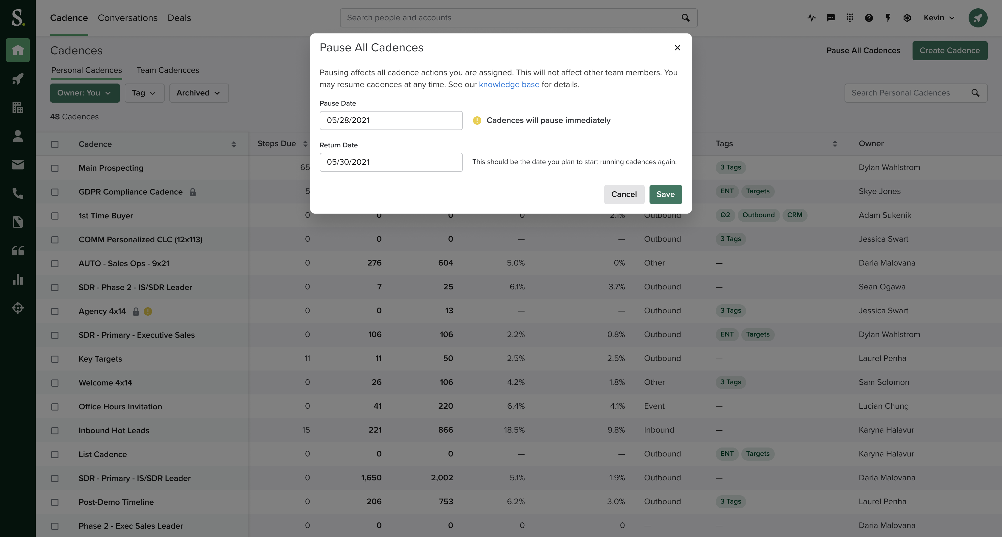 Salesloft Pause Cadences