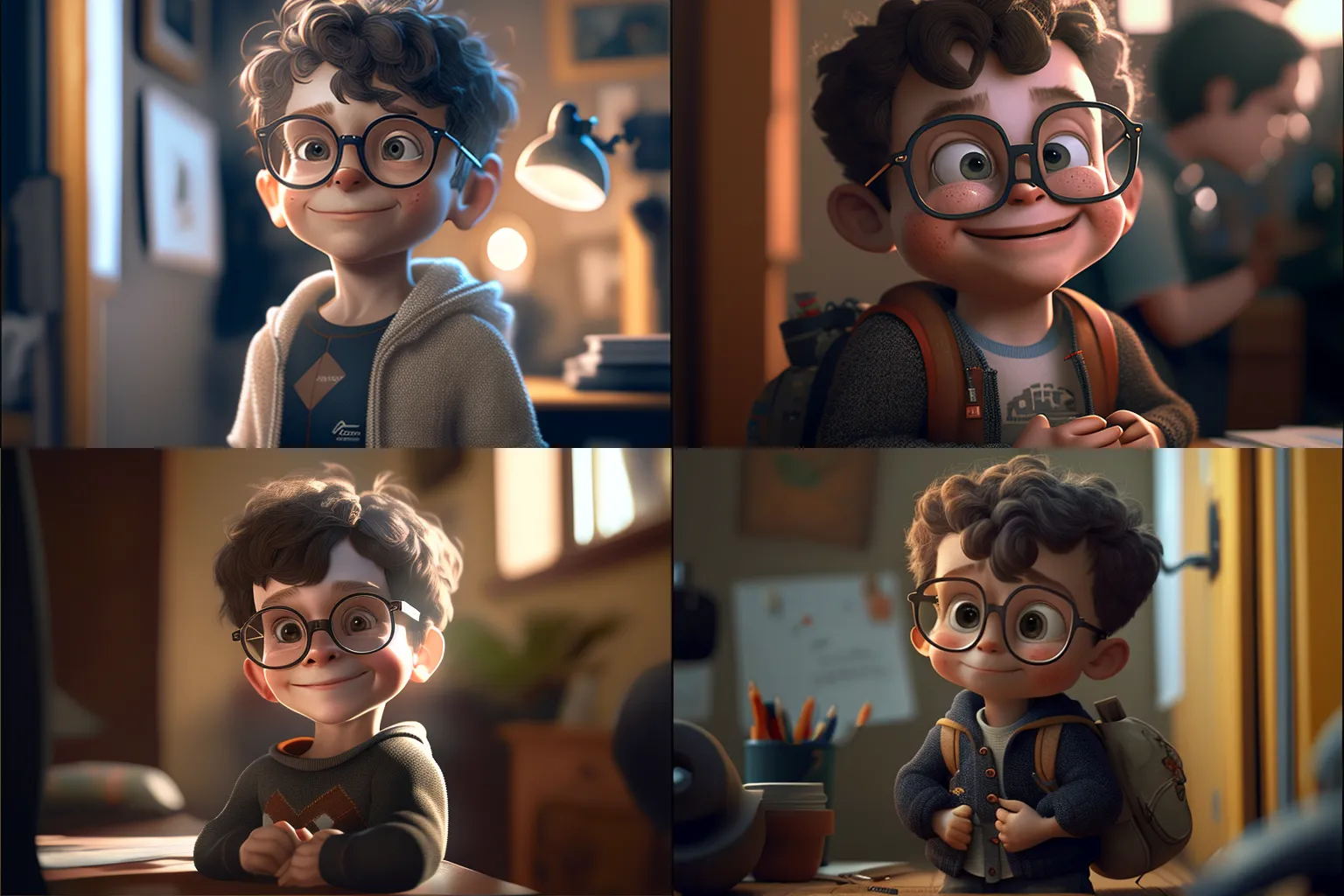 Variants of Tim smiling in a classroom.