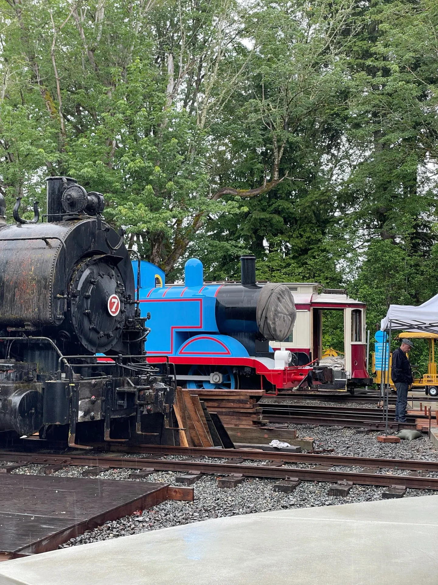 A full-sized Thomas the Tank Engine model awaits repairs.