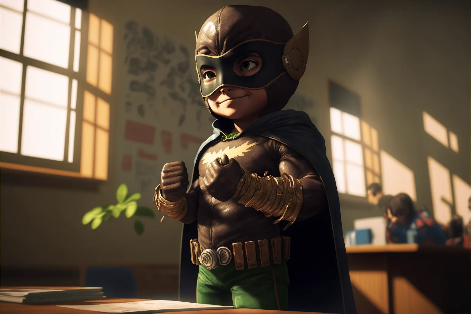 Boy dressed as a superhero poses in front of the classroom.