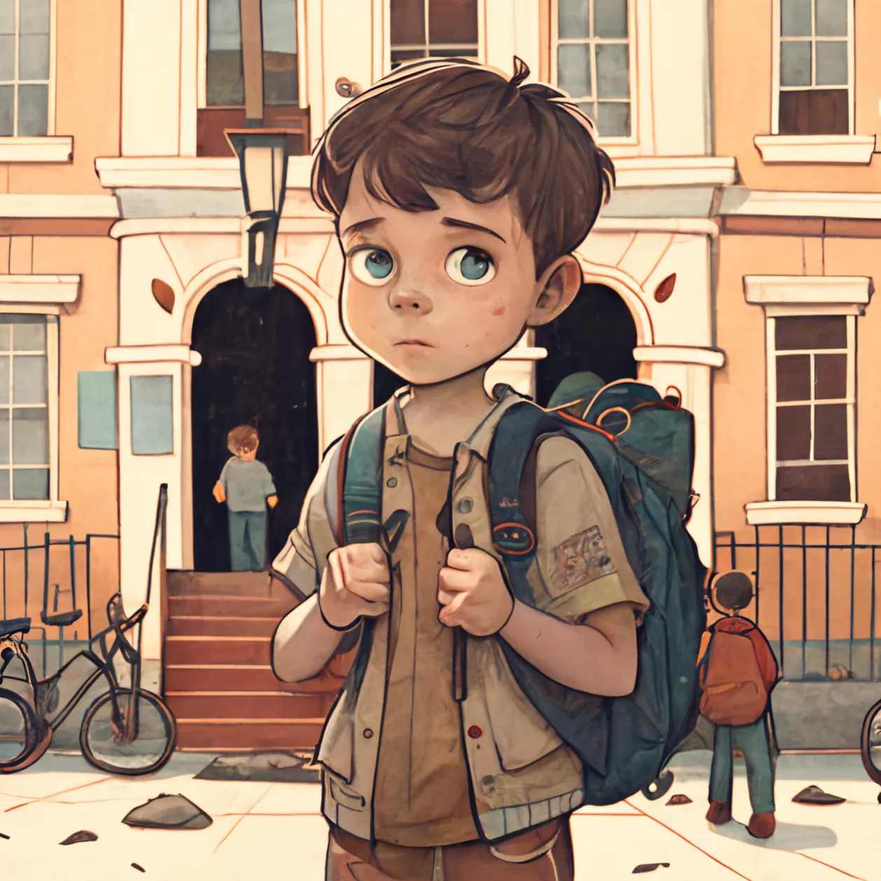 Initial artwork for the children's book. A boy with a backpack standing in front of the school.