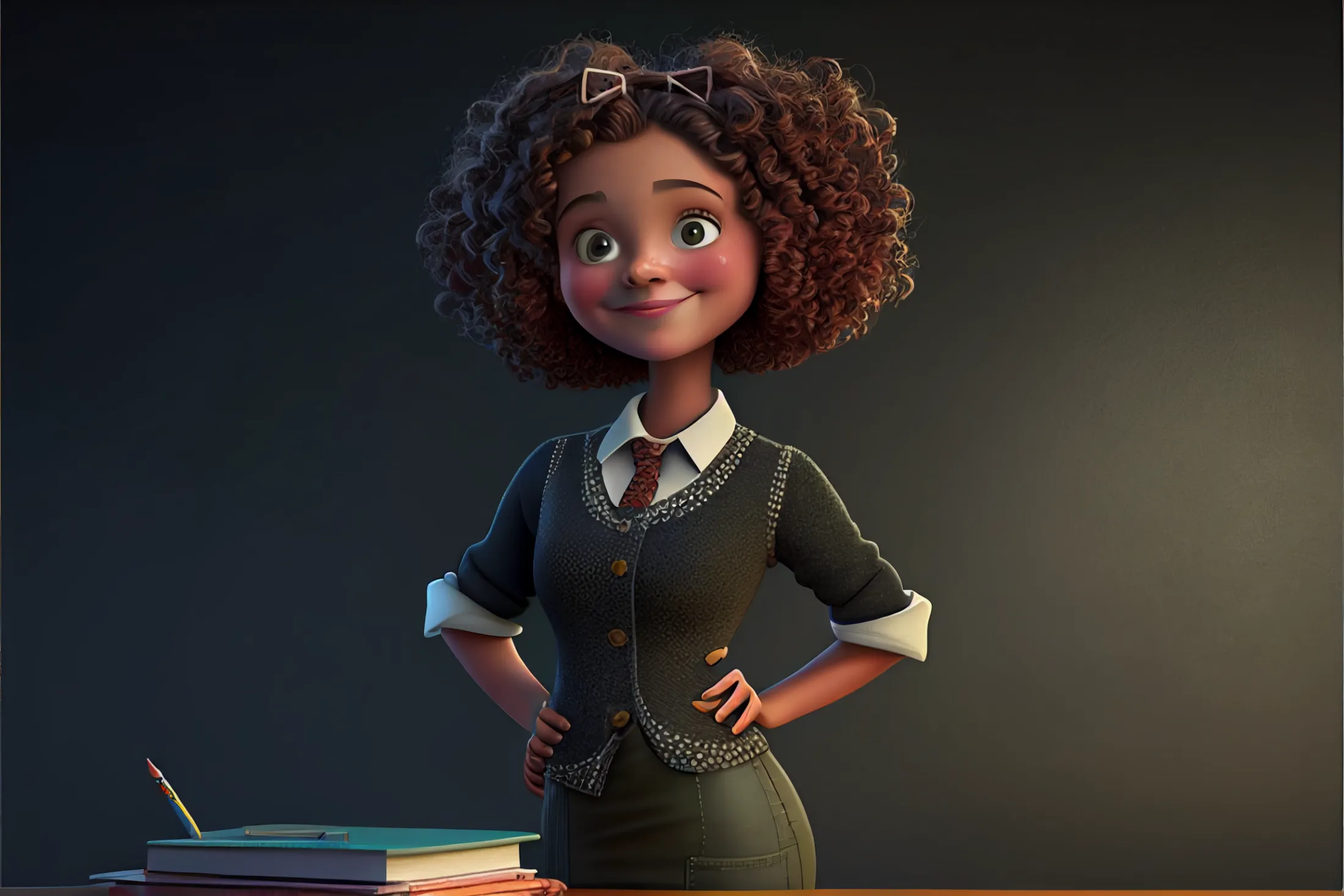 Teacher in front of blackboard with hands on hips.