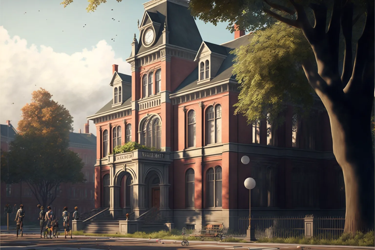 A school building with some people out front.