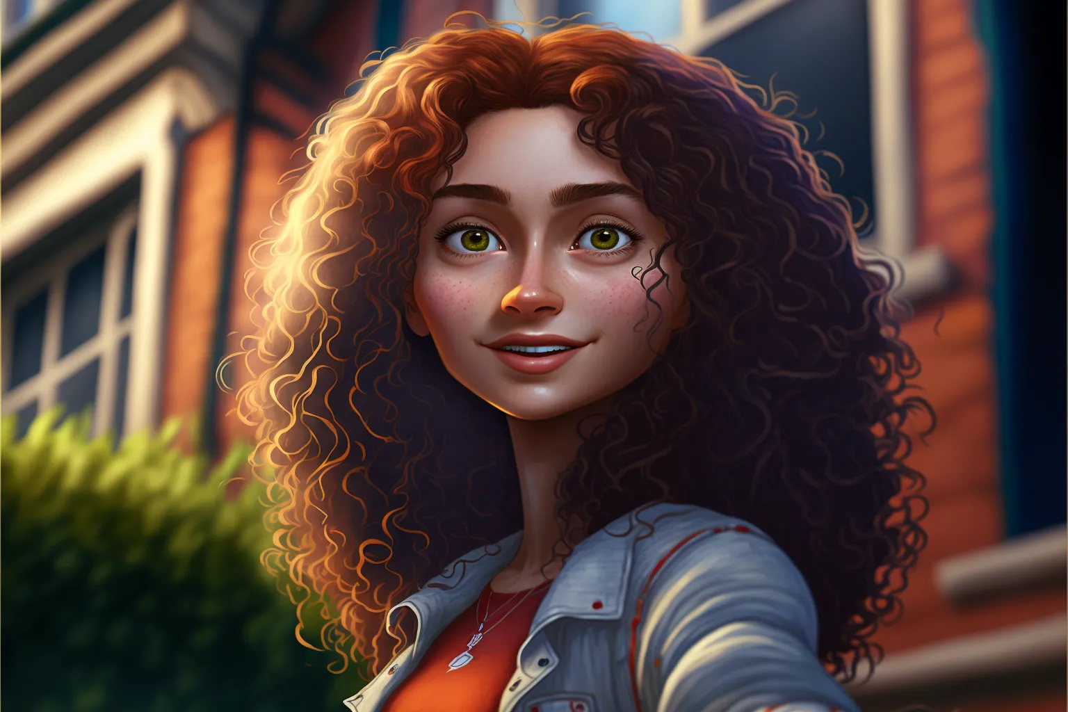 Smiling woman with curly hair outside.