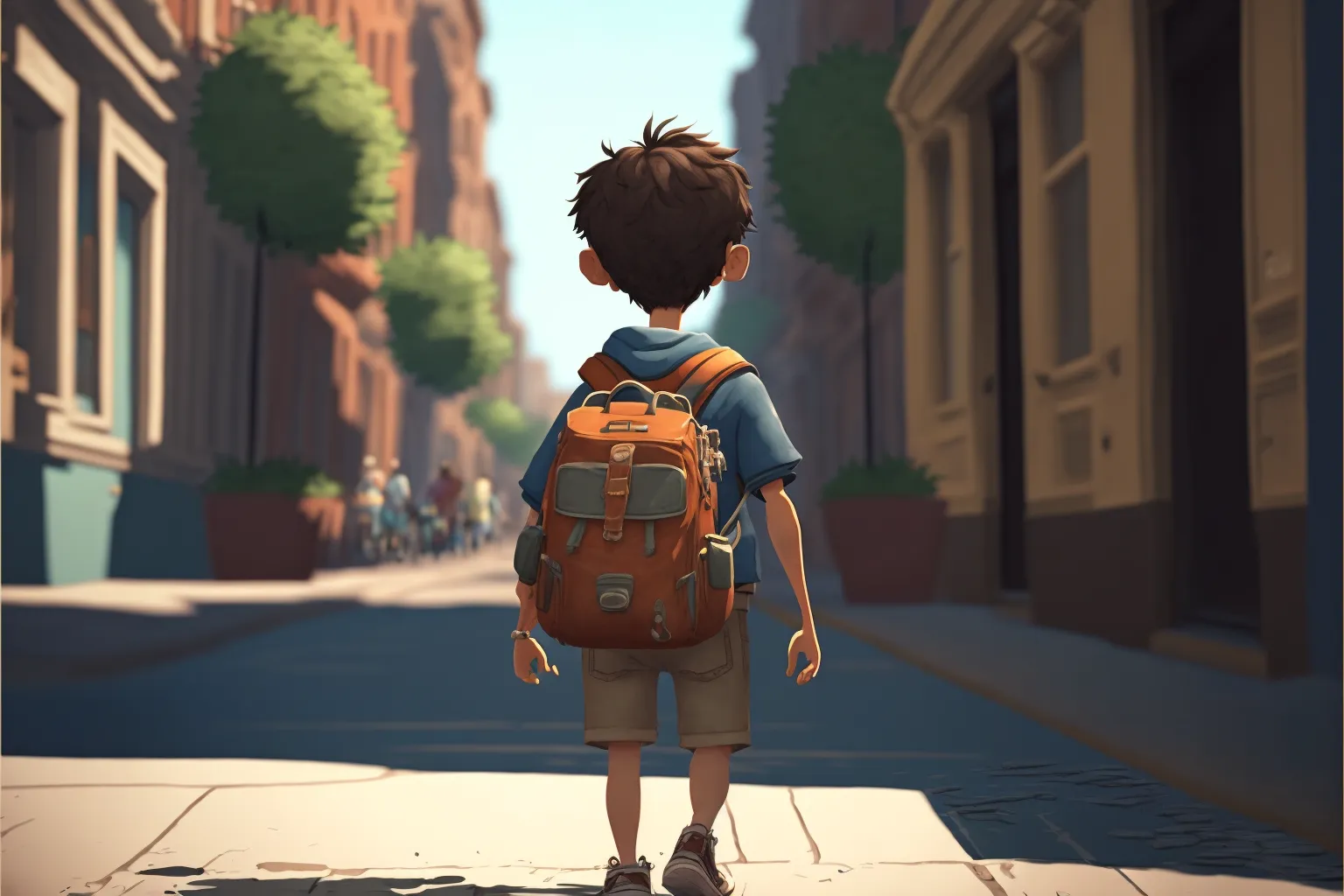 Boy with backpack walking down the street.
