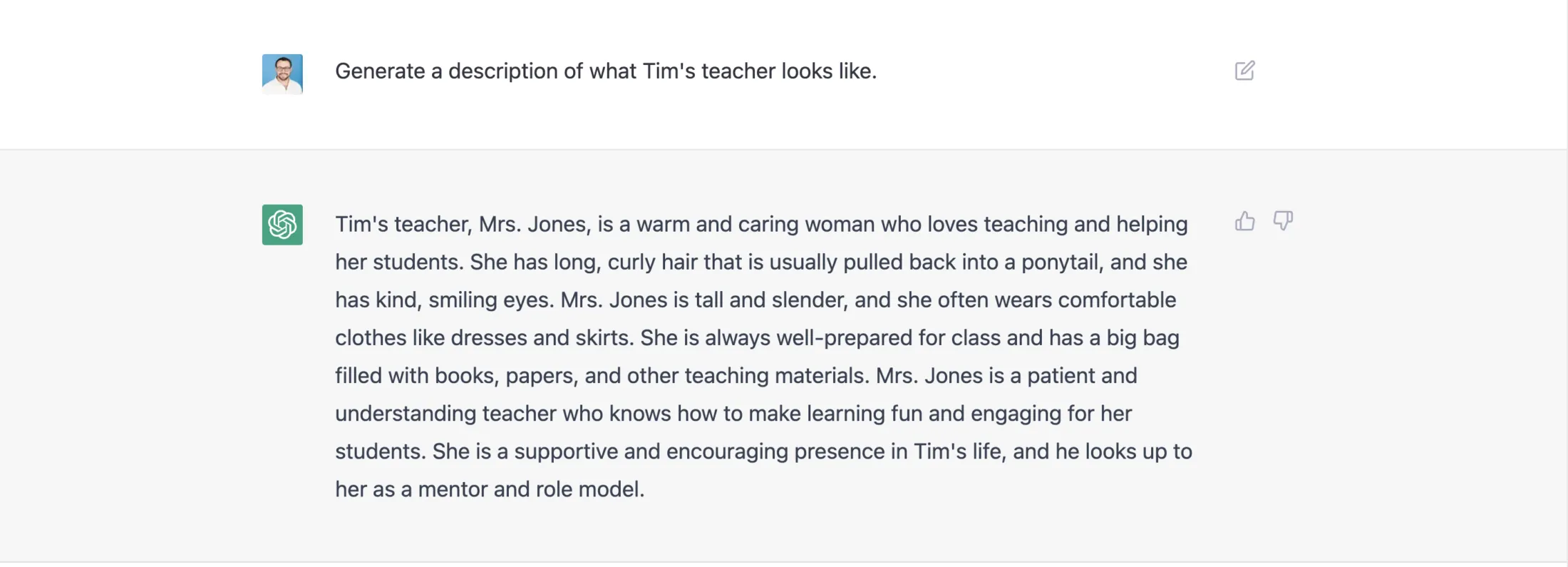 Give a physical description of Mrs. Jones, Tim's teacher.