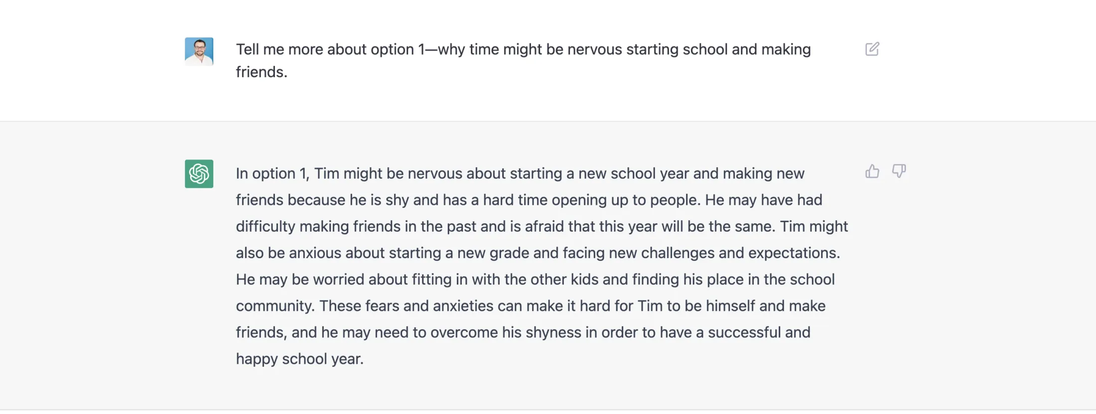 Brainstorm ideas for option 1—why might Tim be nervous about starting school.