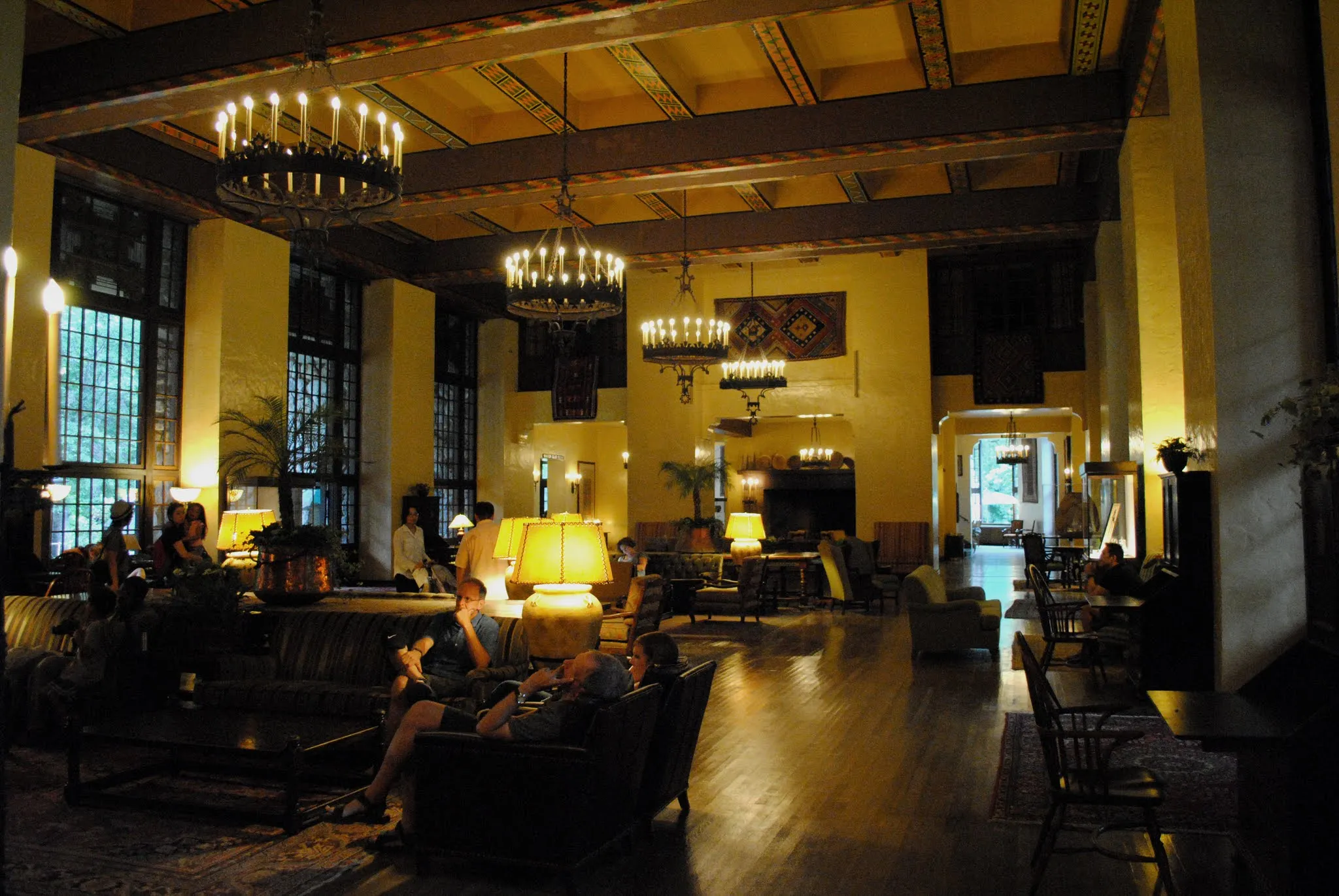 A large ornate room inside the Ahwahnee Lodge.