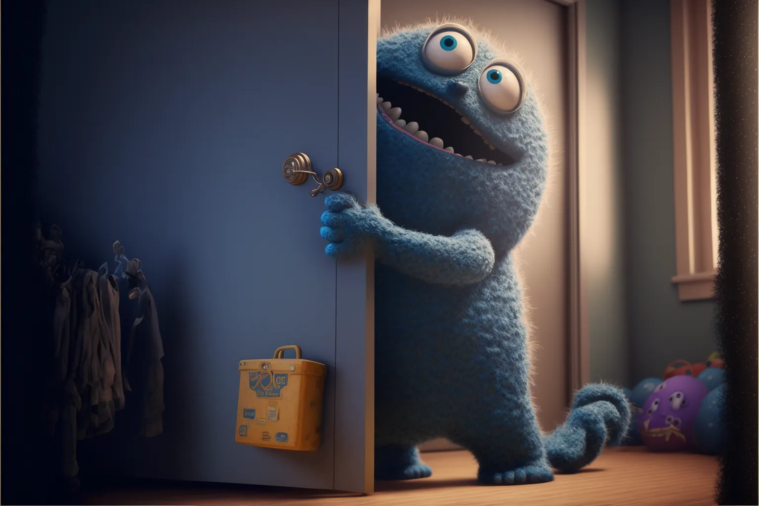 Cute monster opens closet door in a child's room.