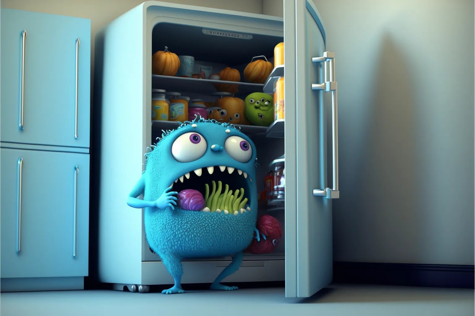 Monster eating things in the refrigerator.