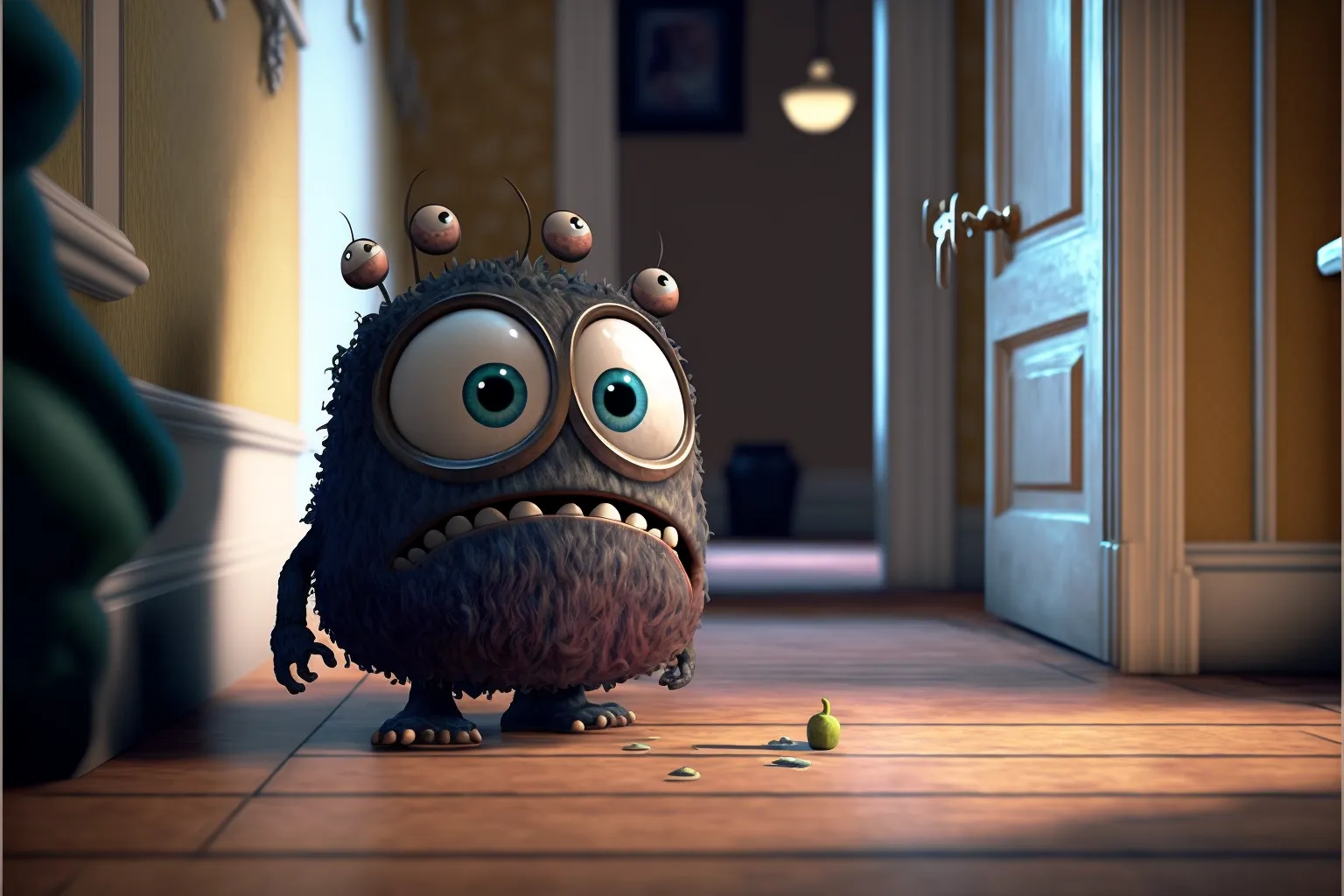 Cut monster with big blue eyes sneaks down the hallway of a house.