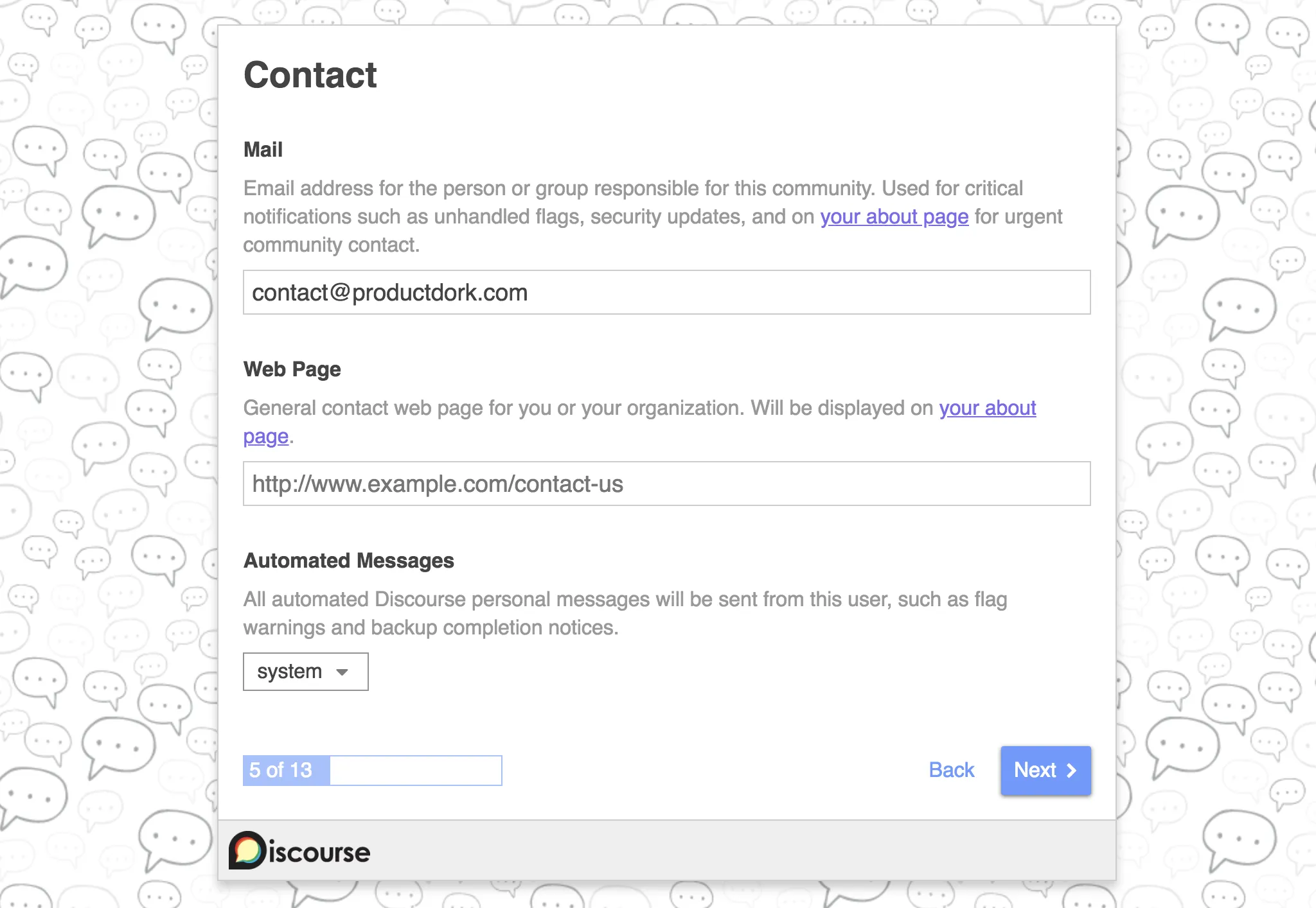 discourse setup contact information