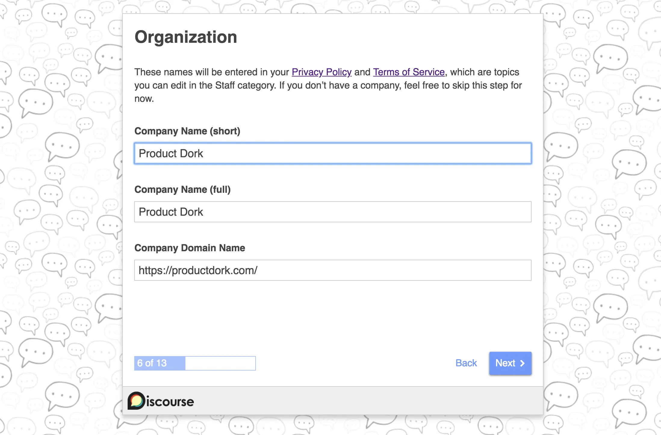 discourse setup organization