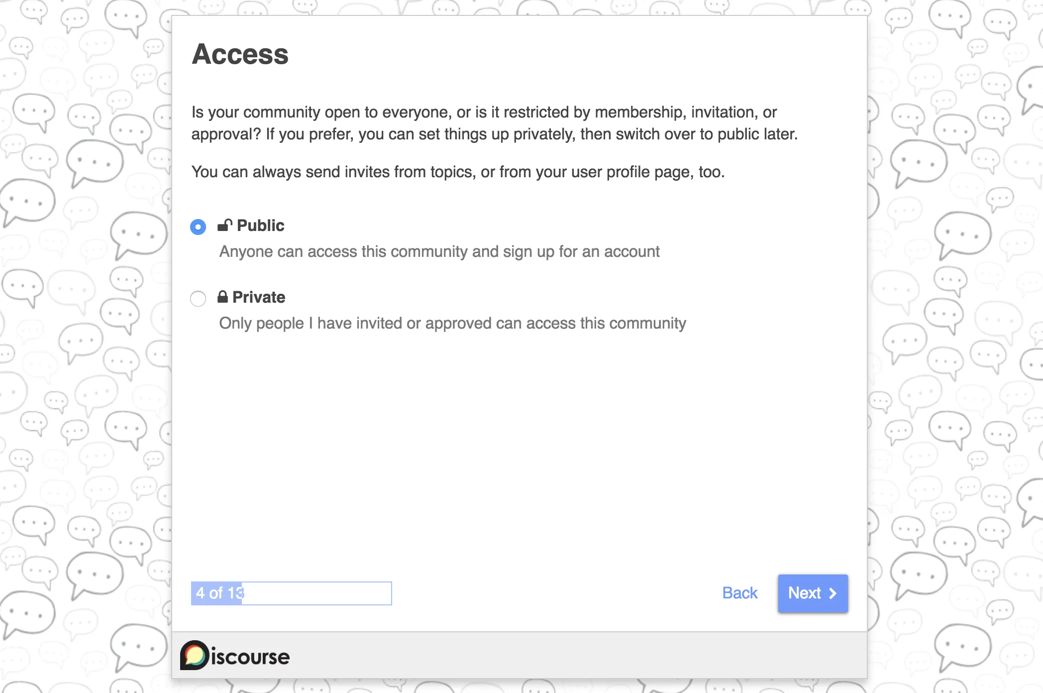 discourse setup public or private