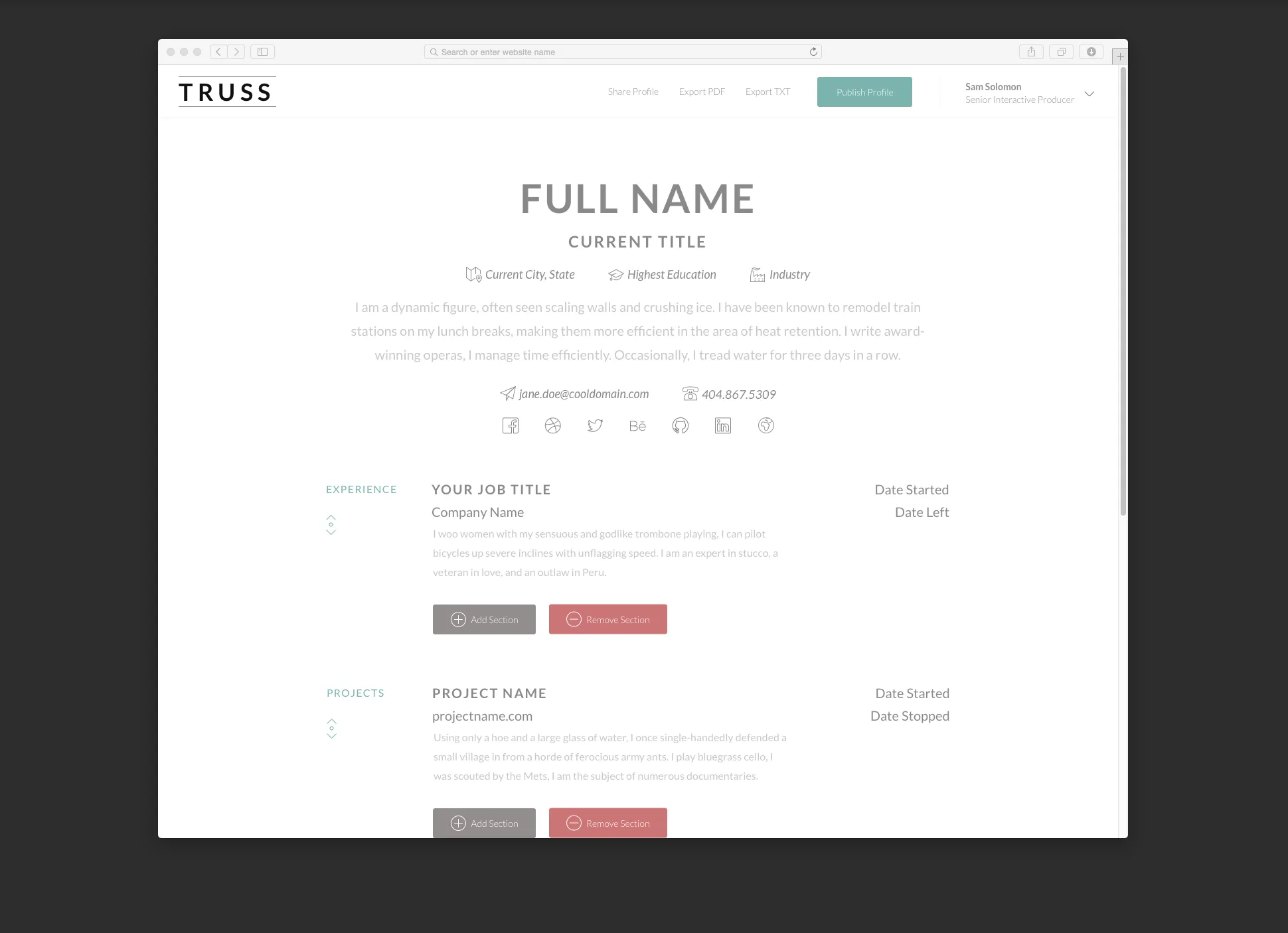 Truss Resume Builder Browser